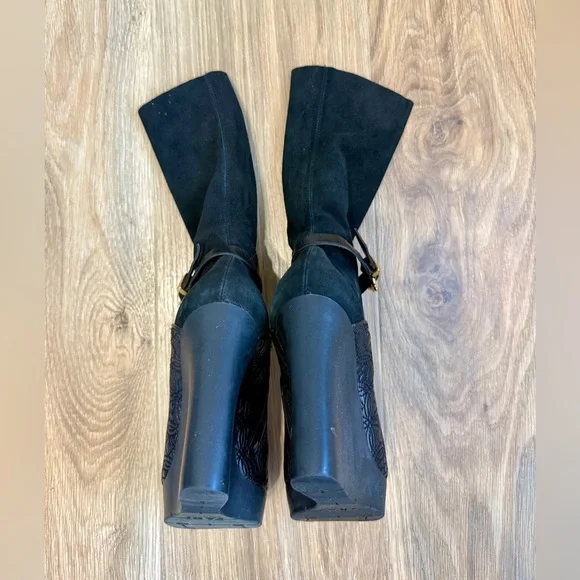 FABI Black Suede & Embossed Leather Platform Wedge Ankle Boots - Picture 6 of 6